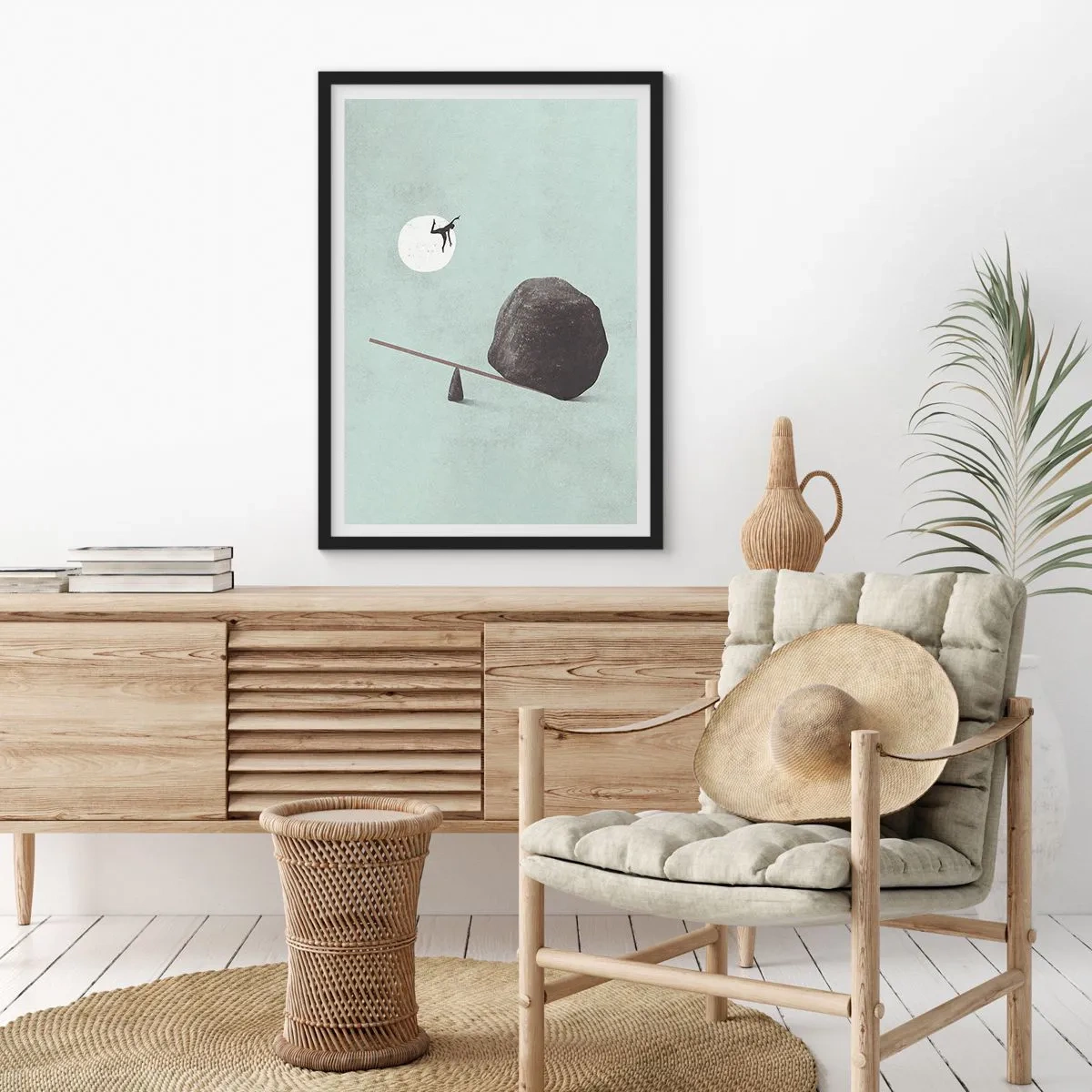 Plakat w czarnej ramie - Minimalistyczna waga z kamieniem i postacią na tle księżyca - 50x70cm - Spełnione marzenie - Nowoczesna dekoracja ścienna do salonu i sypialni ARTTOR