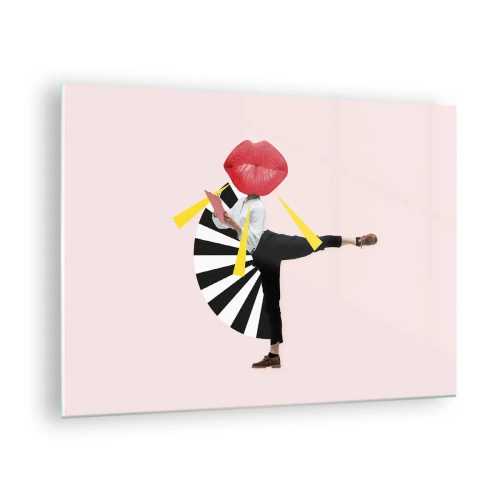 Obraz na szkle - Surrealistyczna kompozycja pop-art z postacią z wielkimi ustami na tle różowego tła - 70x50cm - Surrealistyczny pop-art - Nowoczesna dekoracja ścienna do salonu i sypialni ARTTOR