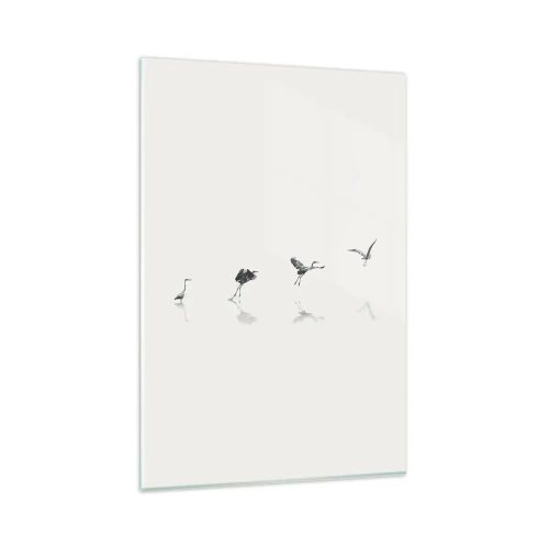 Obraz na szkle - Cztery sylwetki ptaków odbijające się na spokojnej wodzie - 80x120cm - Cztery proste kroki - Nowoczesna dekoracja ścienna do salonu i sypialni ARTTOR