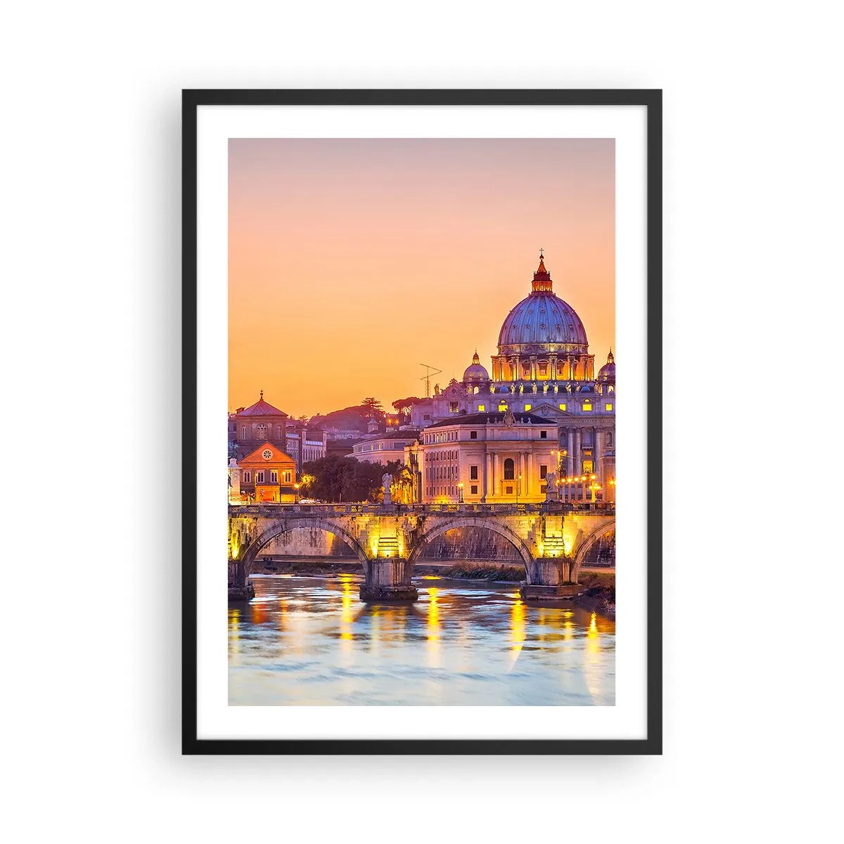 Plakat w czarnej ramie - Zachód słońca nad mostem i bazyliką z oświetleniem w Rzymie - 50x70cm - Zmierzch nad Wiecznym Miastem - Nowoczesna dekoracja ścienna do salonu i sypialni ARTTOR