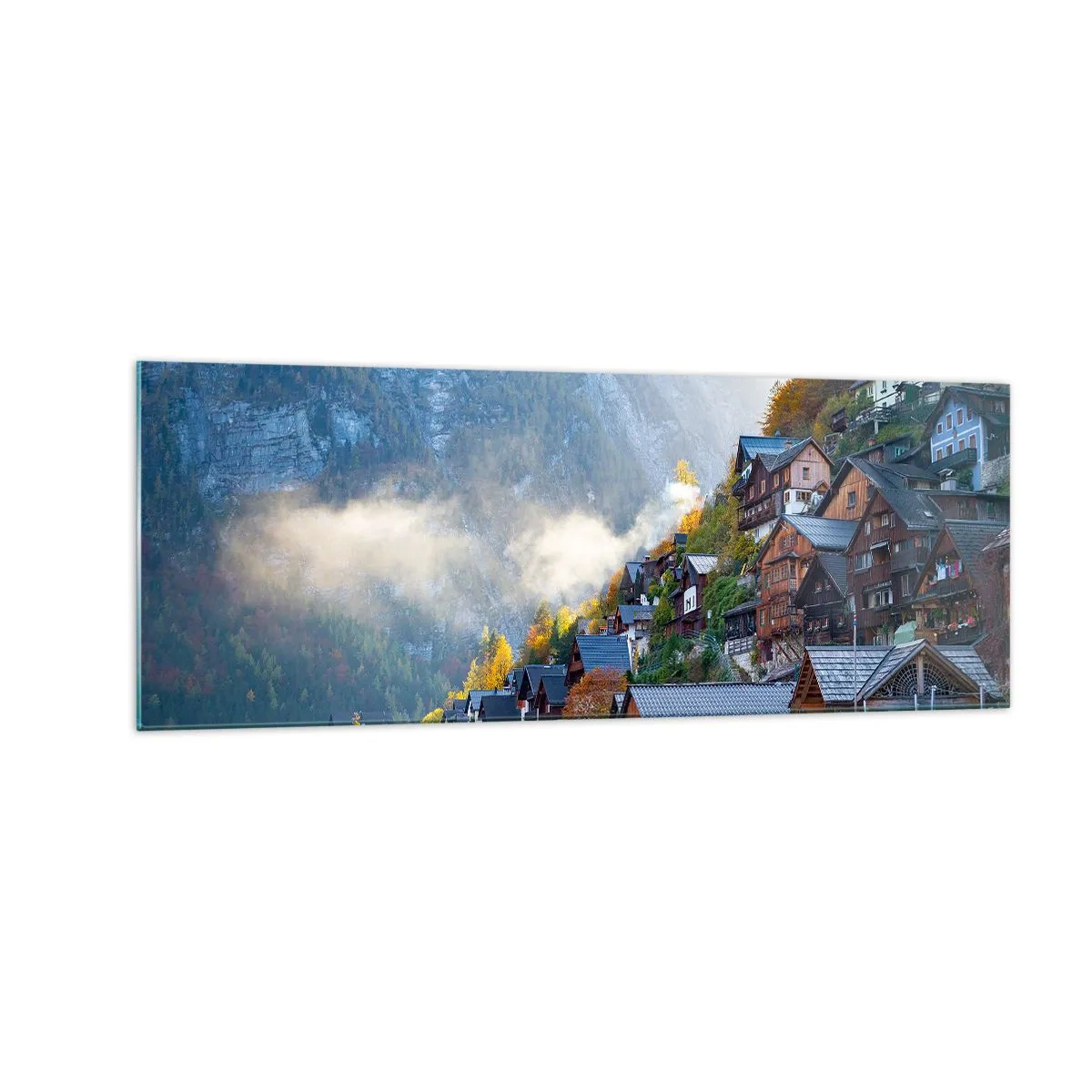 Obraz na szkle - Górska wioska nad jeziorem w jesiennej scenerii - 140x50cm - Alpejskie klimaty - Nowoczesna dekoracja ścienna do salonu i sypialni ARTTOR