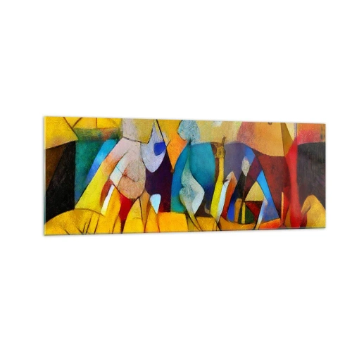 Obraz na szkle - Kolorowa abstrakcja przedstawiająca postacie w geometrycznej formie - 140x50cm - Słońce - życie - radość - Nowoczesna dekoracja ścienna do salonu i sypialni ARTTOR