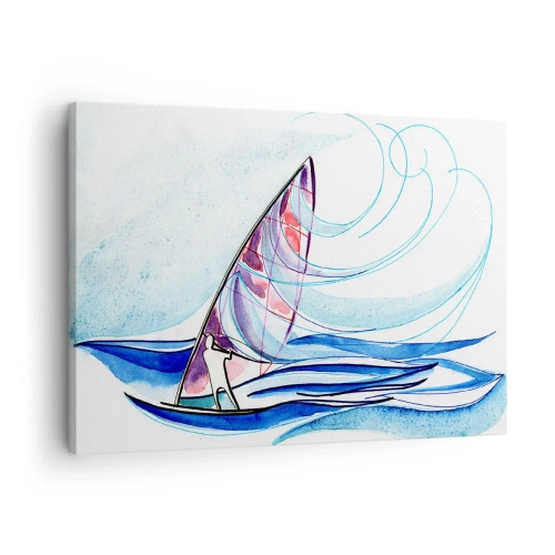 Obraz na płótnie - Surfer na falach w abstrakcyjnej kompozycji akwarelowej - 70x50cm - Z wiatrem w rytmie fal - Nowoczesna dekoracja ścienna do salonu i sypialni ARTTOR