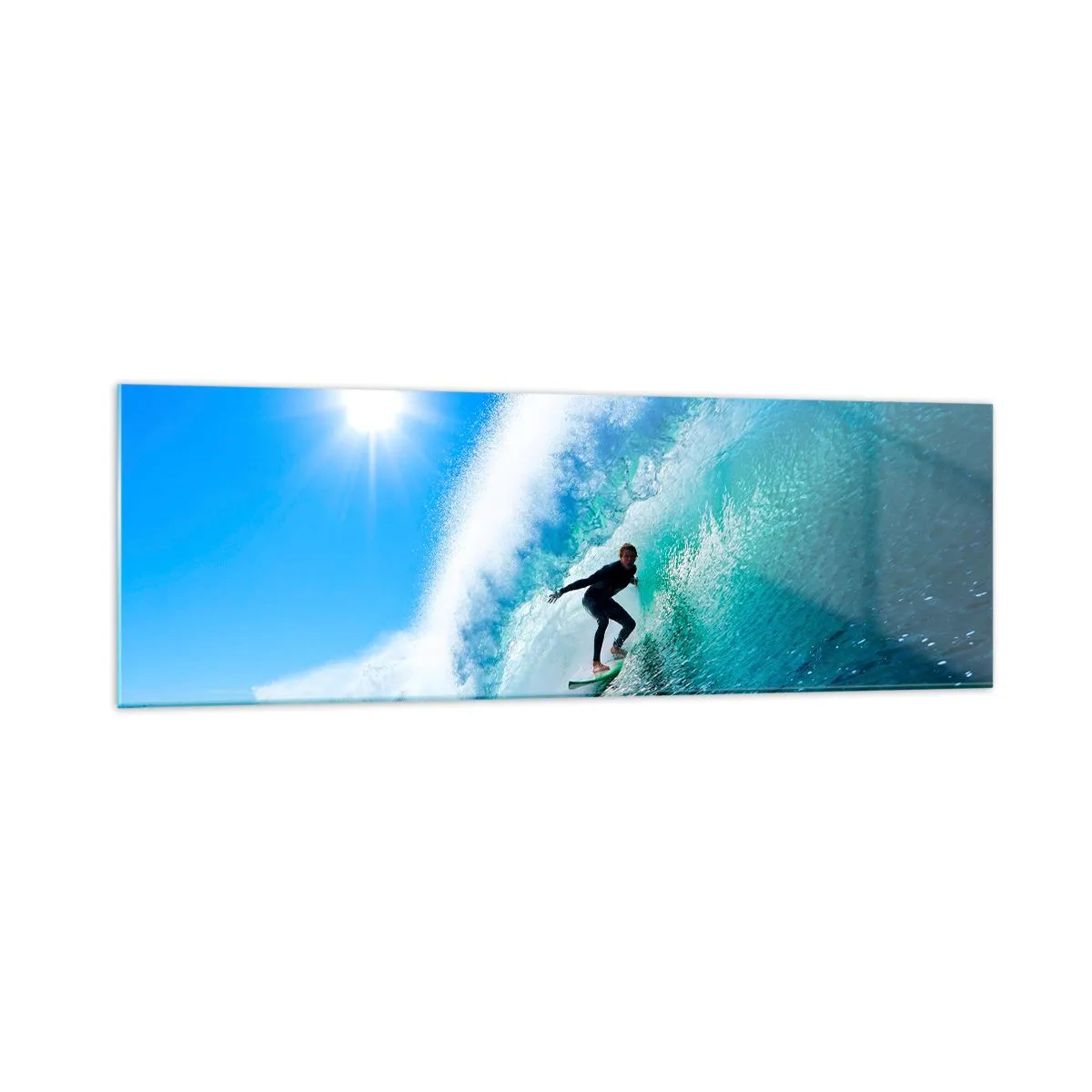 Obraz na szkle - Surfer na desce pływający wewnątrz potężnej fali pod błękitnym niebem - 160x50cm - Przez wielki błękit - Nowoczesna dekoracja ścienna do salonu i sypialni ARTTOR