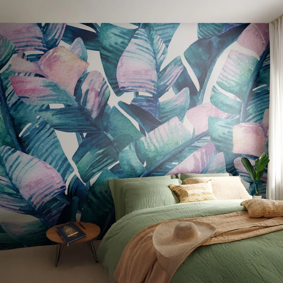 Fototapeta Premium Sand - Akwarelowe liście tropikalne w pastelowych barwach - 100x70cm - W bananowym gaju - Nowoczesna dekoracja ścienna do salonu, kuchni i sypialni ARTTOR