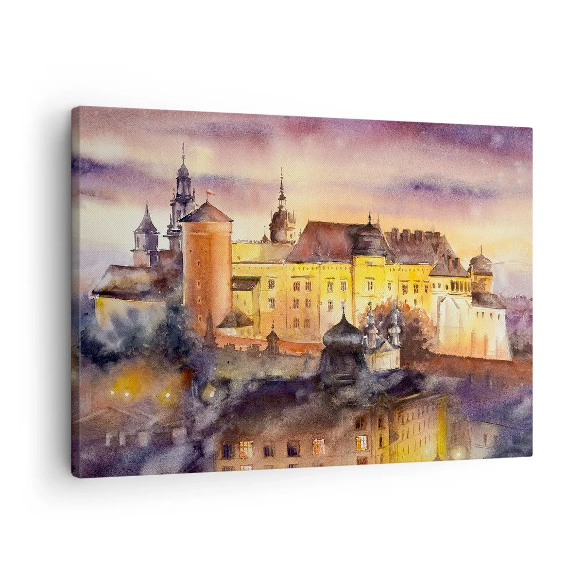 Obraz na płótnie - Malowniczy obraz zamku o zachodzie słońca w akwarelowym stylu - 70x50cm - Historia i baśń - Nowoczesna dekoracja ścienna do salonu i sypialni ARTTOR