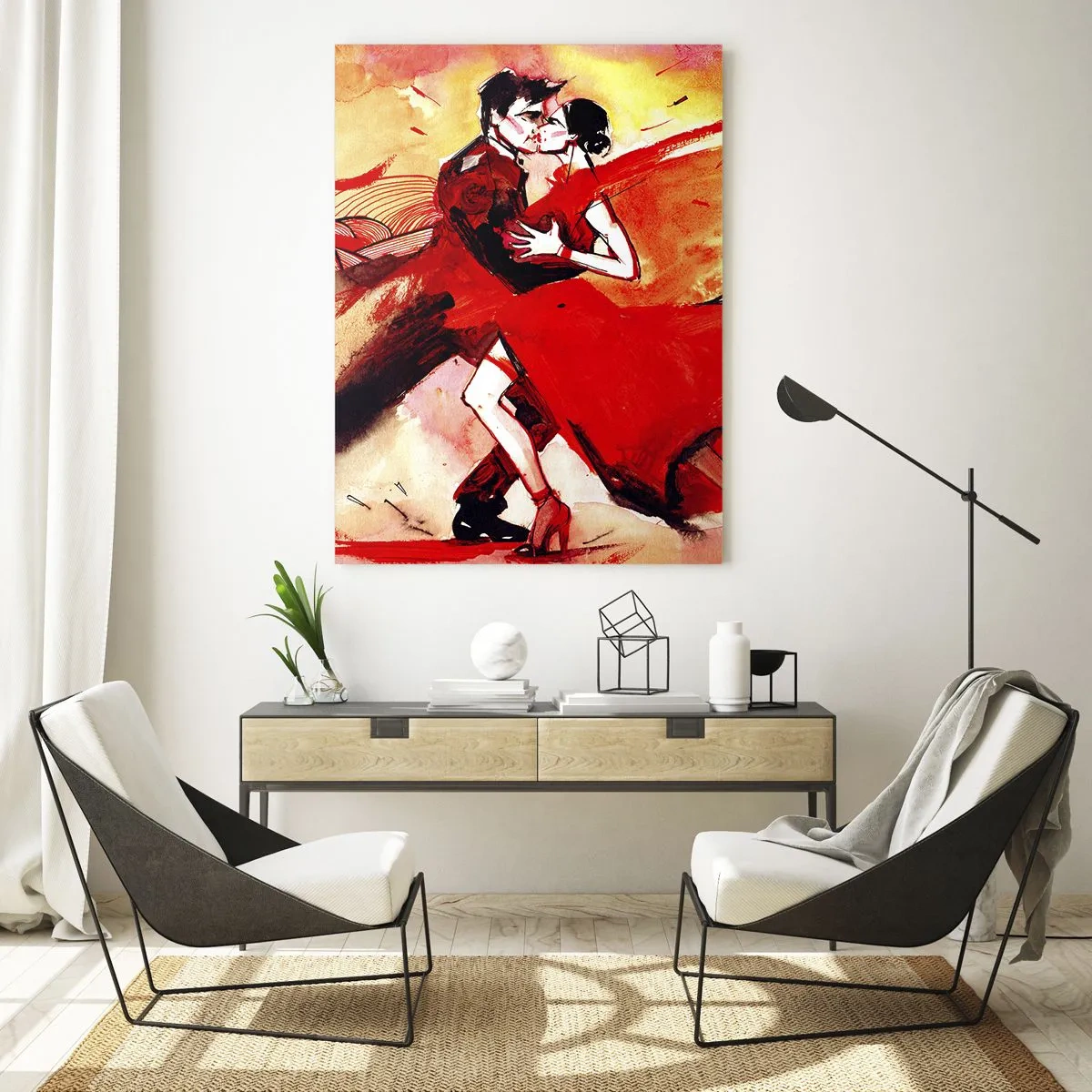 Obraz na szkle - Taniec pary w dynamicznej czerwonej kompozycji - 50x70cm - Purpurowy rytm namiętności - Nowoczesna dekoracja ścienna do salonu, kuchni i sypialni ARTTOR