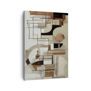 Obraz na płótnie - Geometryczna kompozycja w odcieniach beżu, czerni i brązu z abstrakcyjnymi liniami i kształtami - 50x70cm - Pejzaż miejski 2.0 - Nowoczesna dekoracja ścienna do salonu, kuchni i sypialni ARTTOR