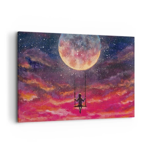 Obraz na płótnie - Postać na huśtawce zawieszonej na tle księżyca - 120x80cm - Bujać w obłokach - Nowoczesna dekoracja ścienna do salonu, kuchni i sypialni ARTTOR