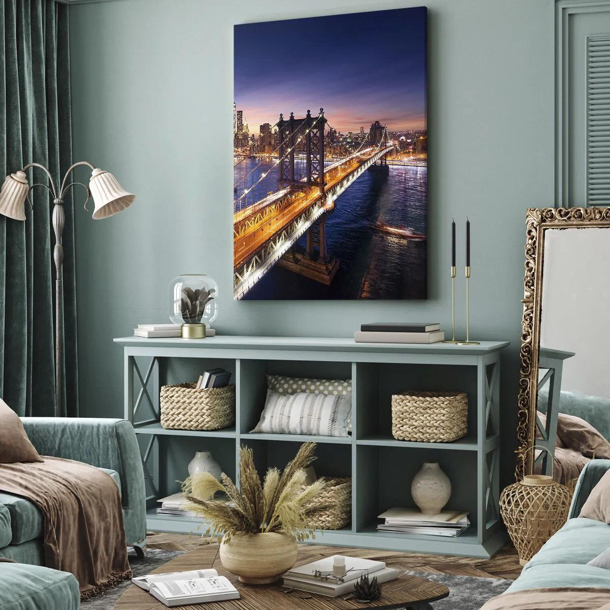 Obraz na płótnie - Oświetlony most metropolii o zachodzie słońca - 50x70cm - Świetlistym mostem do serca miasta - Nowoczesna dekoracja ścienna do salonu, kuchni i sypialni ARTTOR