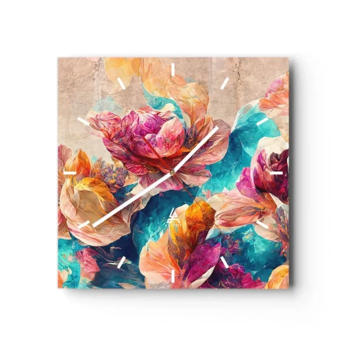 Zegar ścienny - Kolorowe kwiaty na beżowym tle - 30x30cm - Barwny przepych bukietu - Nowoczesna dekoracja ścienna do salonu i sypialni ARTTOR