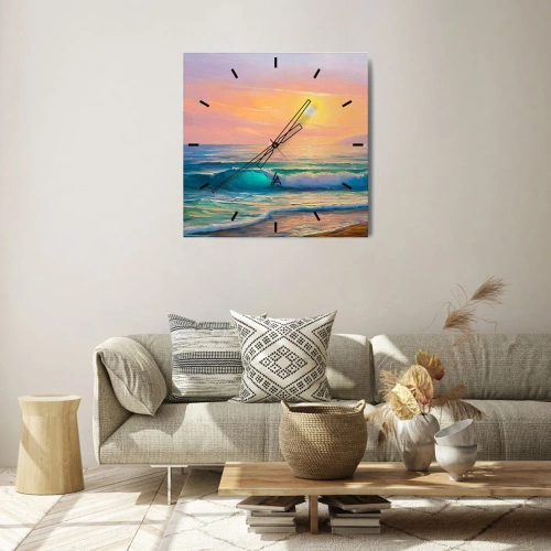 Zegar ścienny - Morski krajobraz z zachodem słońca - 30x30cm - Turkusowa pieśń fal - Nowoczesna dekoracja ścienna do salonu i sypialni ARTTOR