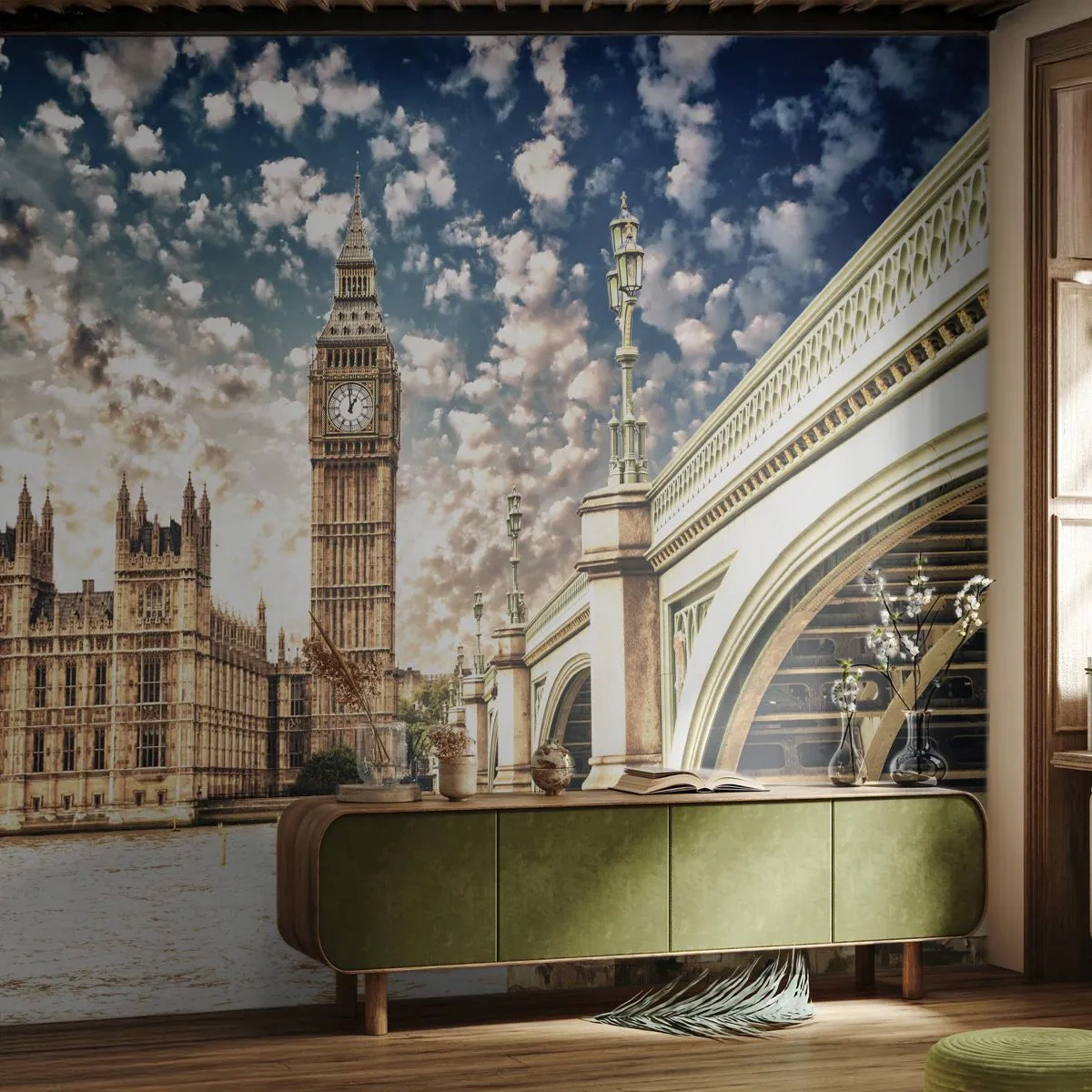 Fototapeta Premium Sand - Panorama miasta z zabytkową architekturą i mostem - 100x70cm - Pierzaste obłoki nad  Tamizą - Nowoczesna dekoracja ścienna do salonu, kuchni i sypialni ARTTOR