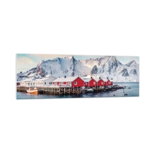 Obraz na szkle - Czerwone domki na tle śnieżnych gór i błękitnego morza - 160x50cm - Północne ustronie - Nowoczesna dekoracja ścienna do salonu i sypialni ARTTOR