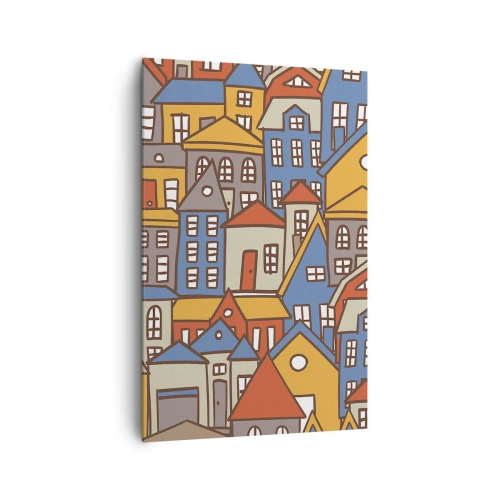 Obraz na płótnie - Kolorowe domki w stylu graficznym na jasnym tle - 80x120cm - Za domem dom - Nowoczesna dekoracja ścienna do salonu i sypialni ARTTOR
