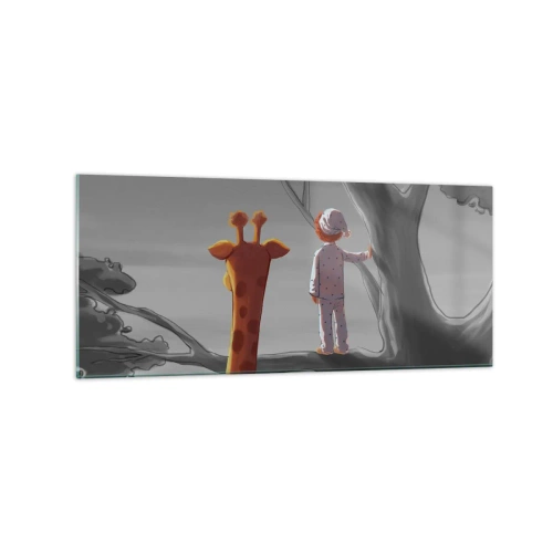 Obraz na szkle - Dziecko i żyrafa na gałęzi drzewa w bajkowym krajobrazie - 120x50cm - To się naprawdę dzieje - Nowoczesna dekoracja ścienna do salonu i sypialni ARTTOR