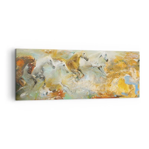 Obraz na płótnie - Artystyczne konie w dynamicznej scenerii pełnej kolorów - 140x50cm - Galopem przez światło - Nowoczesna dekoracja ścienna do salonu i sypialni ARTTOR