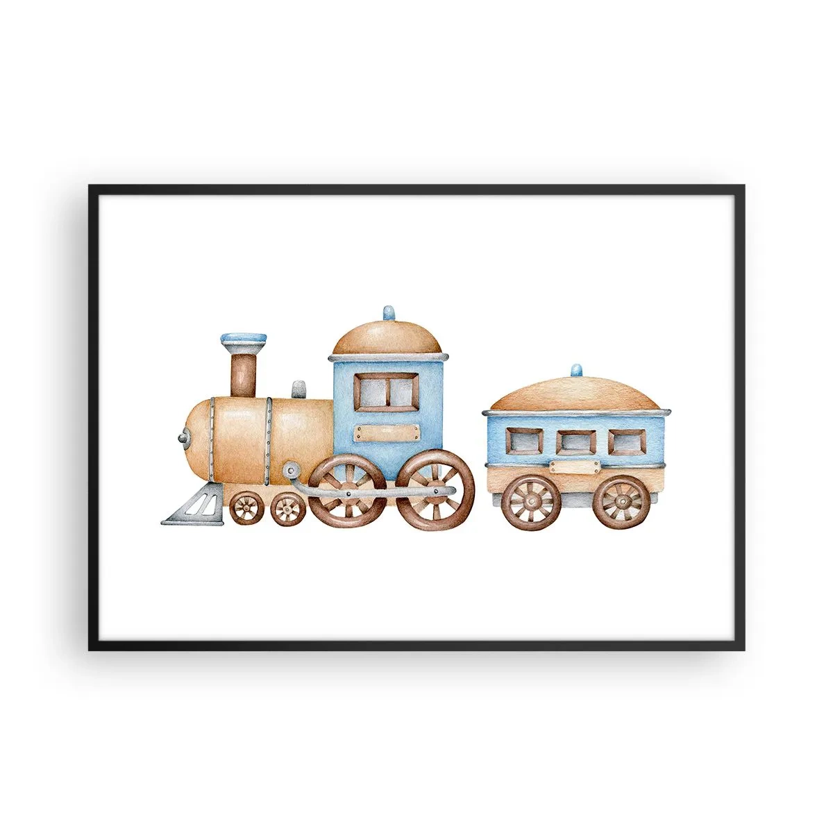 Plakat w czarnej ramie - Rysunek pociągu w pastelowych odcieniach na białym tle - 100x70cm - Stoi na stacji... - Nowoczesna dekoracja ścienna do salonu i sypialni ARTTOR