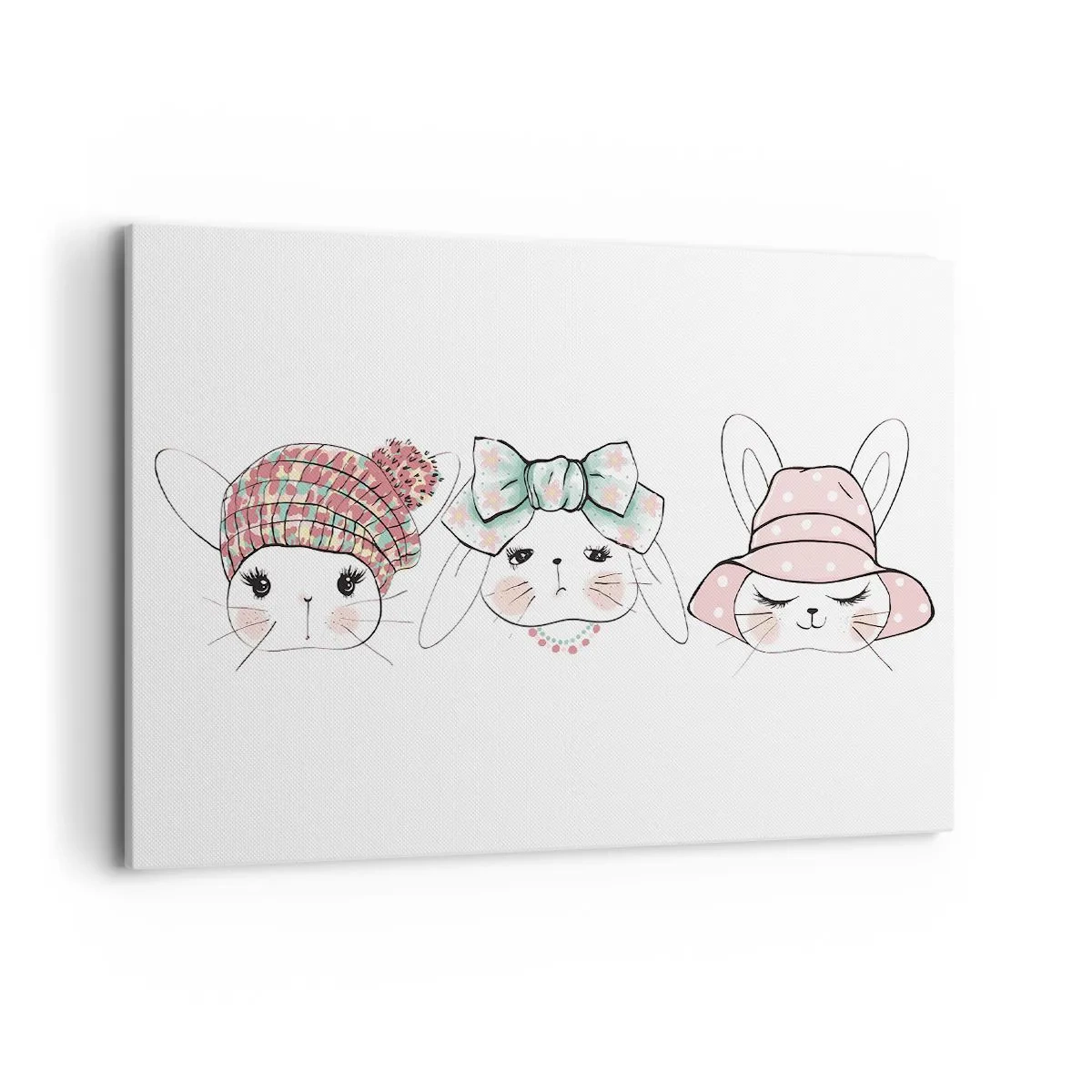 Obraz na płótnie - Urocze króliczki w pastelowych nakryciach głowy - 100x70cm - Zamyślona, smutna, zadowolona - Nowoczesna dekoracja ścienna do salonu, kuchni i sypialni ARTTOR