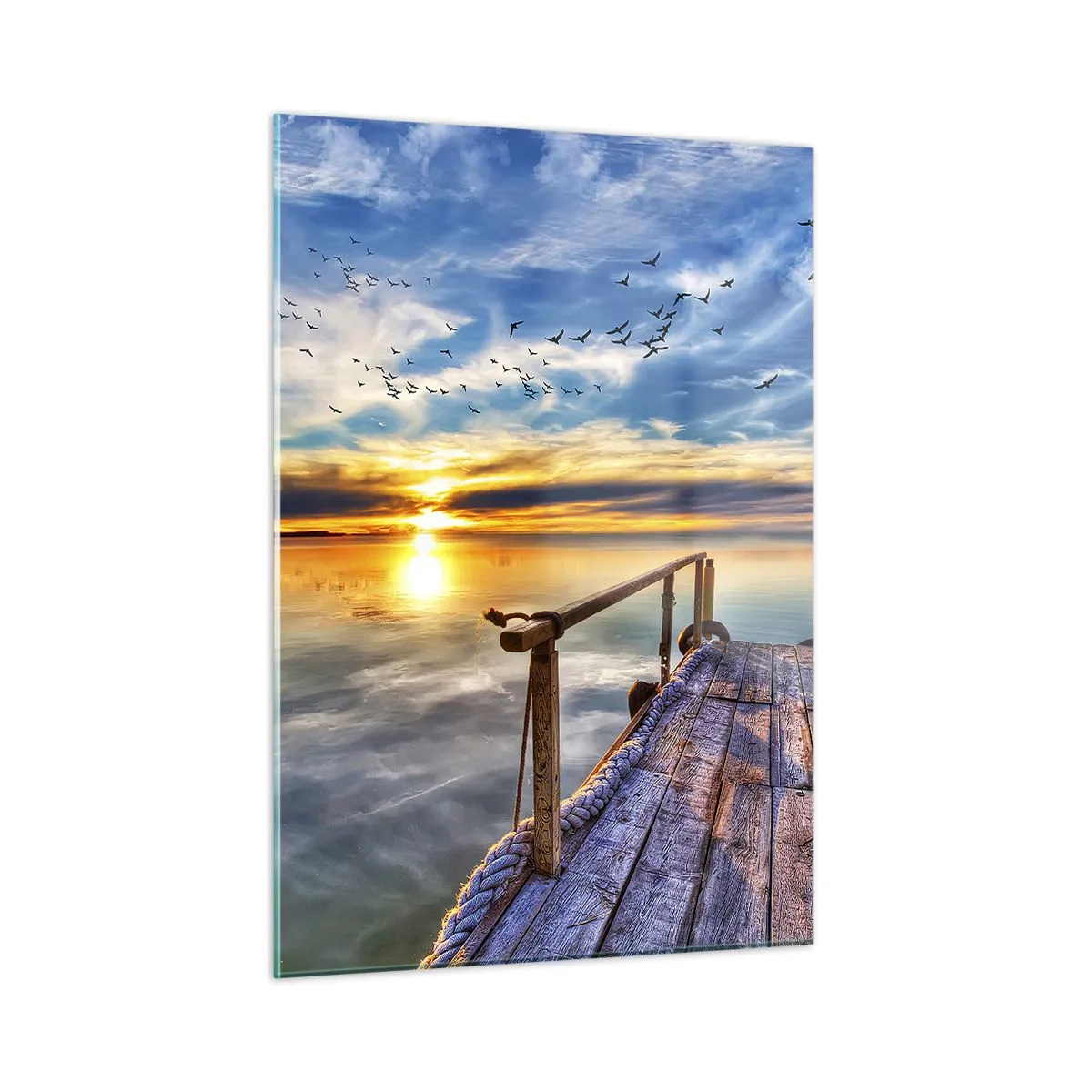 Obraz na szkle - Pomost nad jeziorem o zachodzie słońca z ptakami na niebie - 50x70cm - Wiatr idzie na spoczynek - Nowoczesna dekoracja ścienna do salonu, kuchni i sypialni ARTTOR