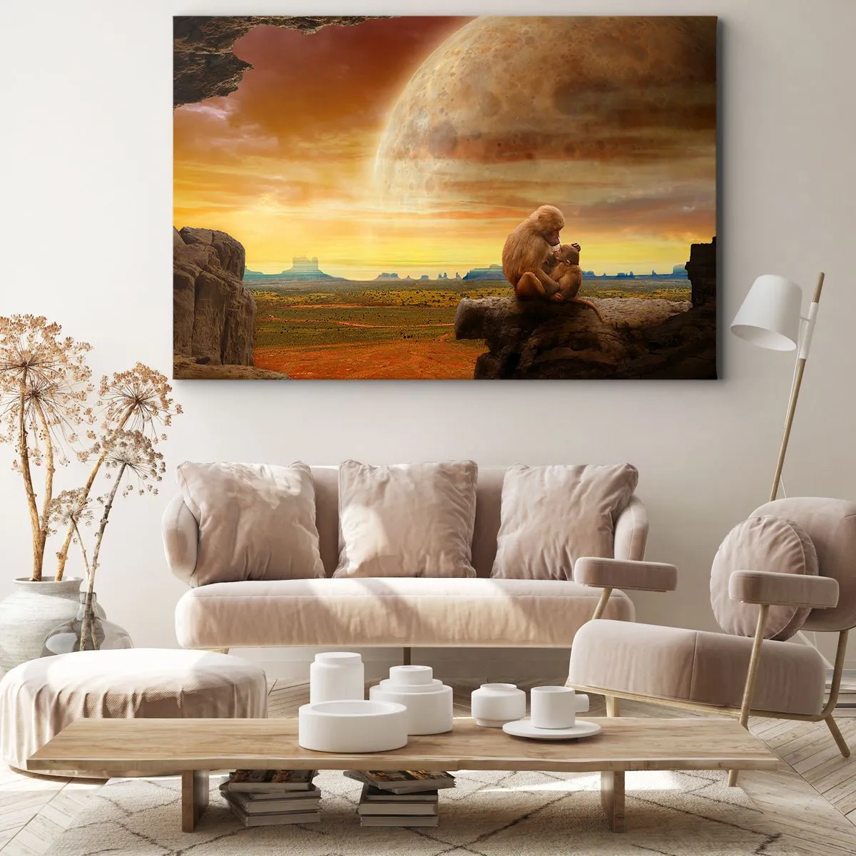 Obraz na płótnie - Małpy siedzące na skale w surrealistycznym krajobrazie z wielką planetą - 70x50cm - Miłość wszędzie ta sama - Nowoczesna dekoracja ścienna do salonu i sypialni ARTTOR