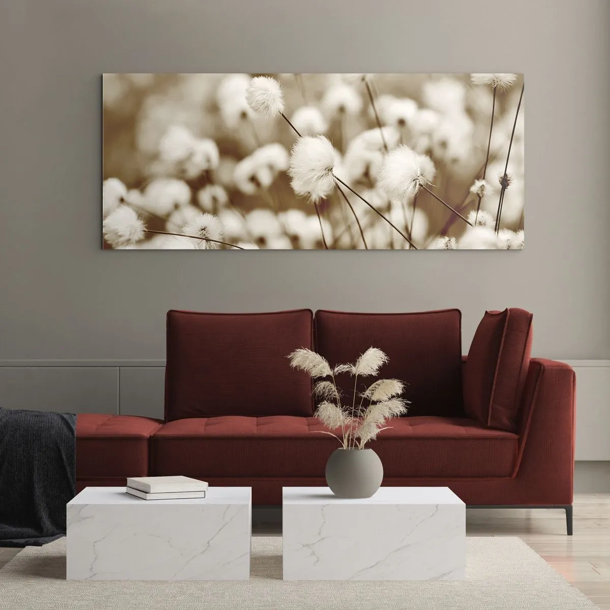 Obraz na szkle - Pole delikatnych roślin w odcieniach sepia - 120x50cm - Puszysty łan - Nowoczesna dekoracja ścienna do salonu i sypialni ARTTOR