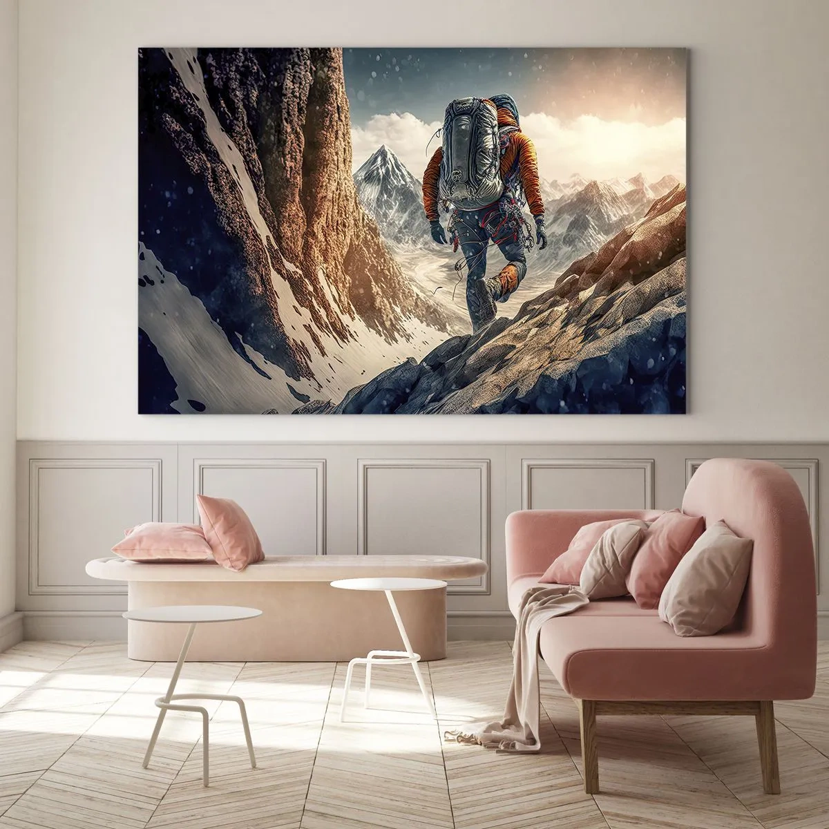 Obraz na szkle - Wędrowiec wspinający się po skalistym, zaśnieżonym zboczu górskim - 70x50cm - Samotny wojownik - Nowoczesna dekoracja ścienna do salonu i sypialni ARTTOR