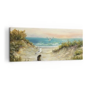 Obraz na płótnie - Wybrzeże z mewami i wydmami o zachodzie słońca - 120x50cm - Bezwietrzne zacisze - Nowoczesna dekoracja ścienna do salonu i sypialni ARTTOR