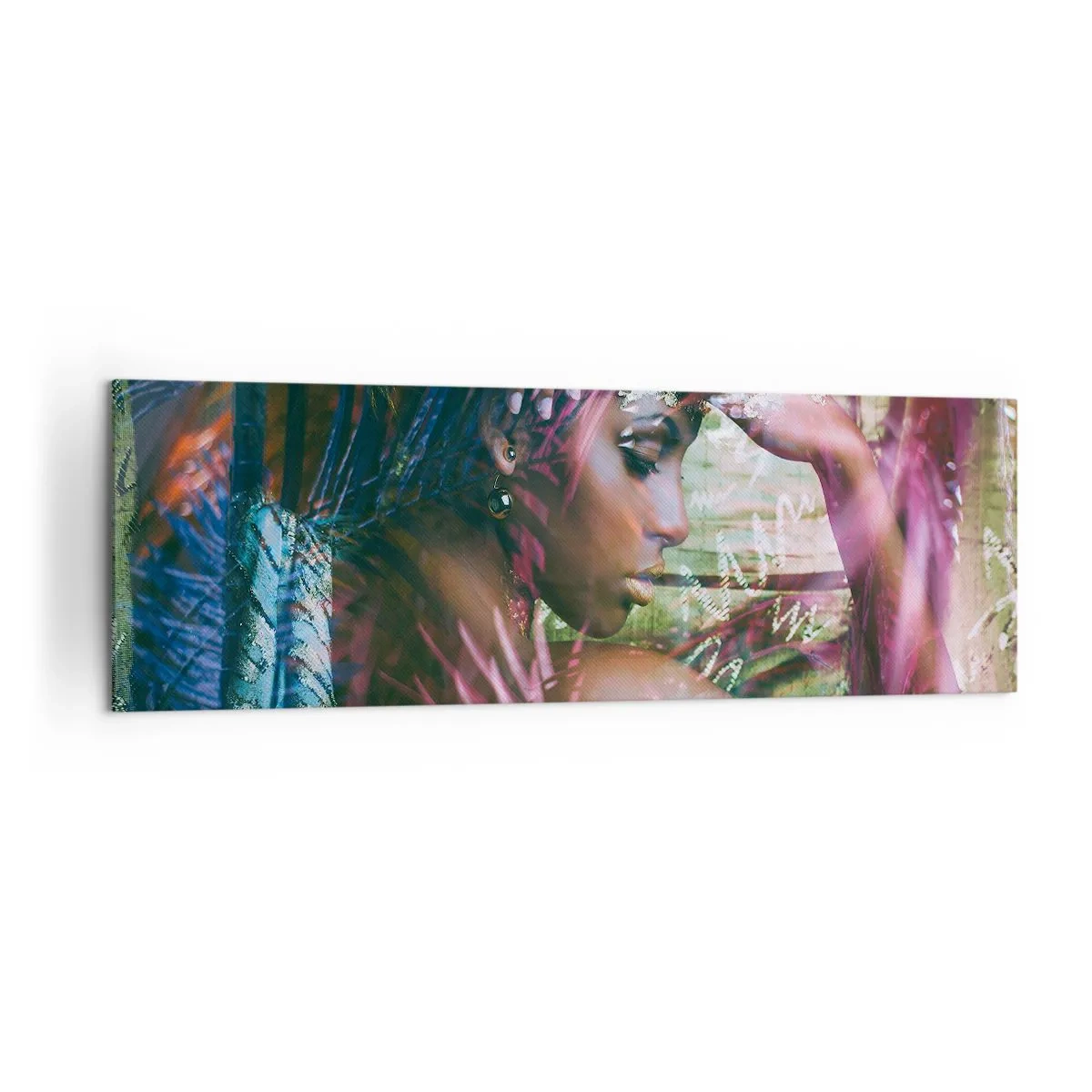 Obraz na płótnie - Portret kobiety w otoczeniu egzotycznej roślinności - 160x50cm - Matka Natura w dżungli - Nowoczesna dekoracja ścienna do salonu i sypialni ARTTOR
