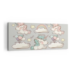 Obraz na płótnie - Urocze jednorożce na pastelowym tle - 120x50cm - Na pewno istnieją… - Nowoczesna dekoracja ścienna do salonu i sypialni ARTTOR