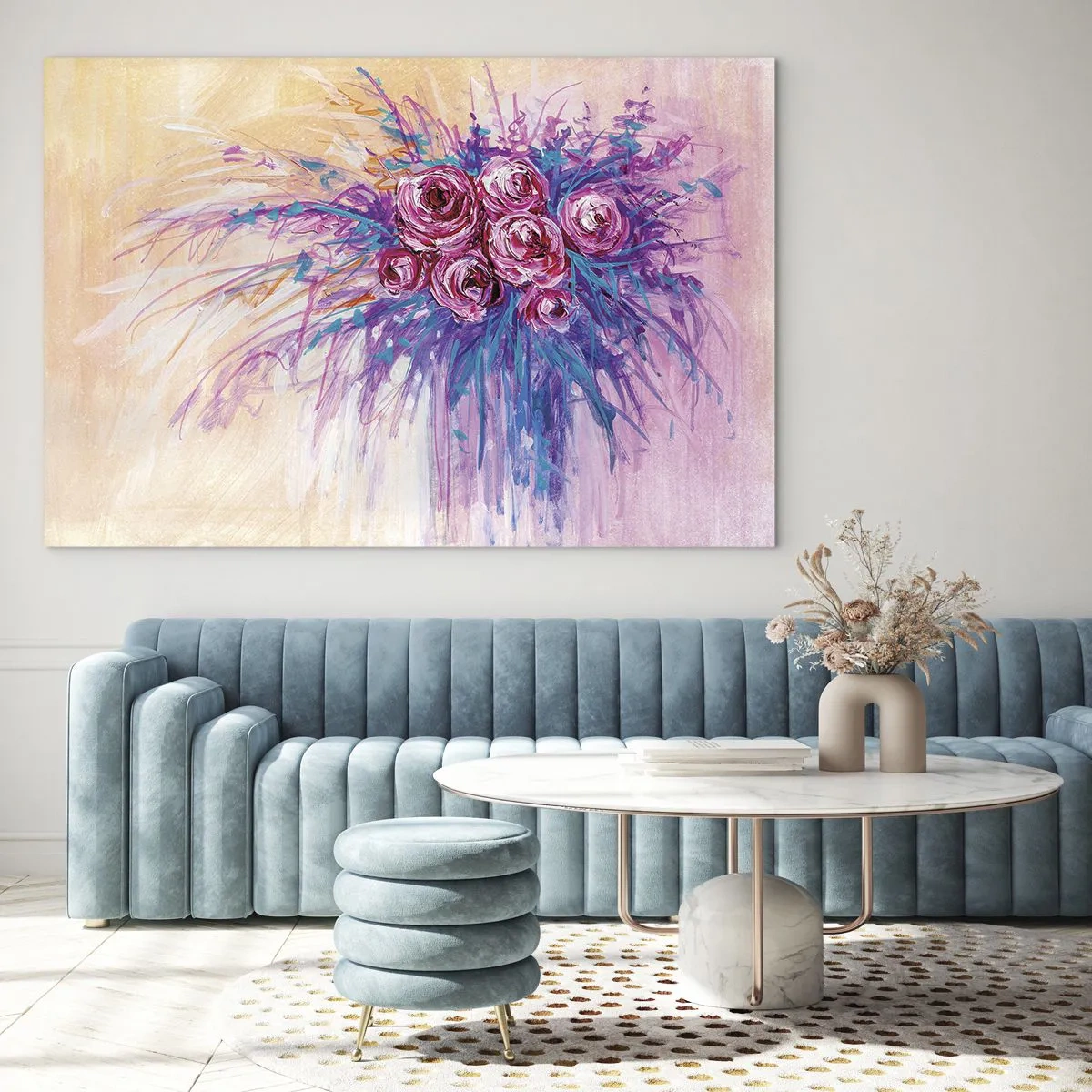 Obraz na szkle - Bukiet róż w odcieniach różu i fioletu na tle w pastelowych kolorach - 70x50cm - Różana fontanna - Nowoczesna dekoracja ścienna do salonu i sypialni ARTTOR