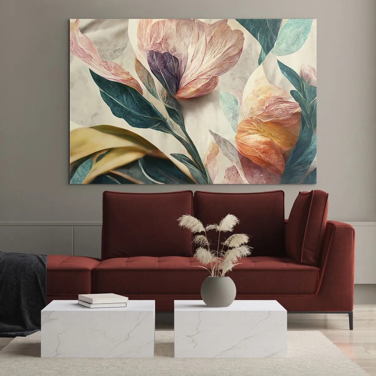 Obraz na szkle - Egzotyczne kwiaty i liście w pastelowych barwach w stylu botanicznym - 70x50cm - Kwiaty wysp południowych - Nowoczesna dekoracja ścienna do salonu i sypialni ARTTOR
