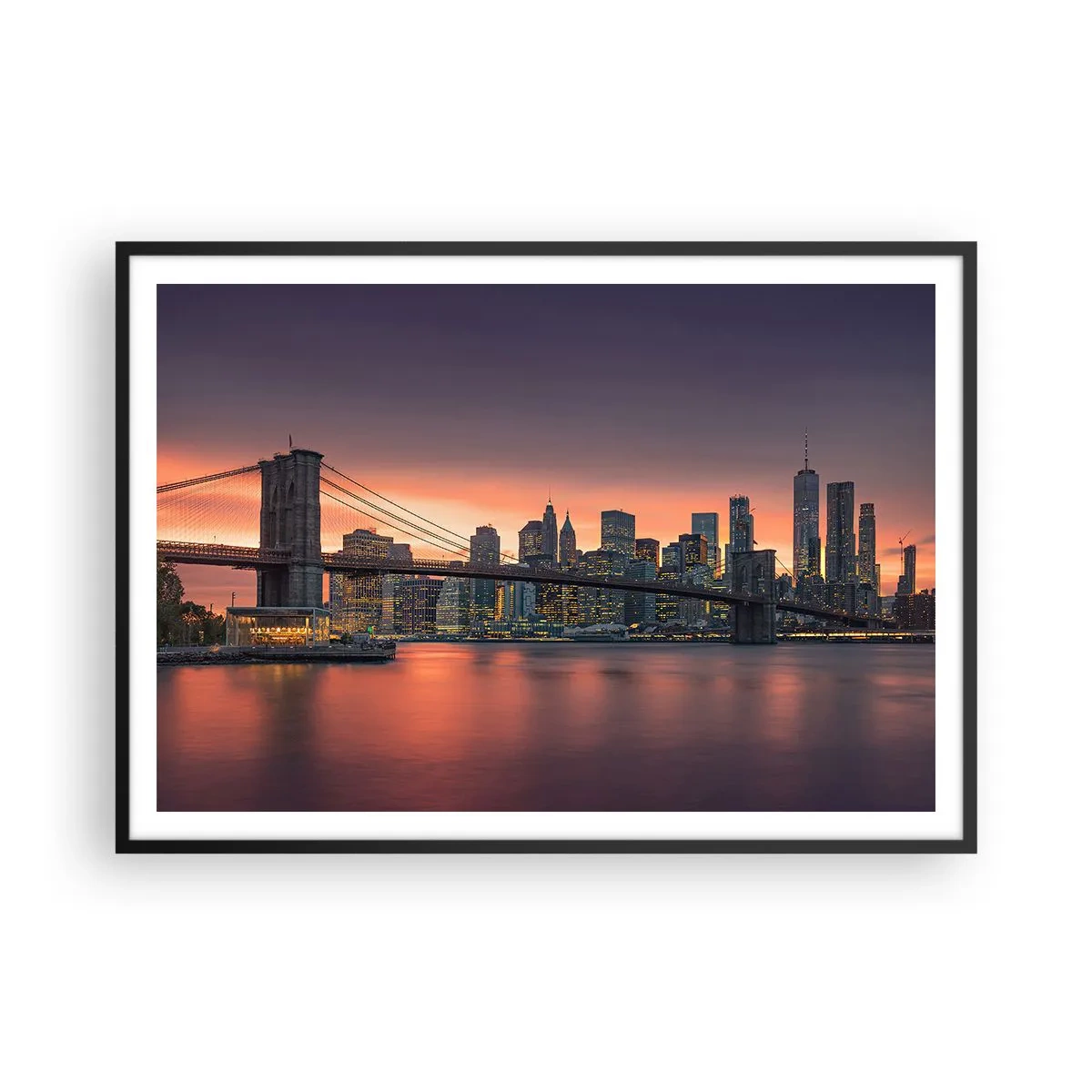 Plakat w czarnej ramie - Nocna panorama miasta z mostem i podświetlonym niebem - 100x70cm - Zatopione w liliowej ciszy - Nowoczesna dekoracja ścienna do salonu i sypialni ARTTOR