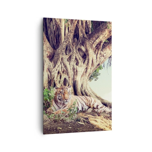 Obraz na płótnie - Tygrys odpoczywający pod rozłożystym drzewem - 80x120cm - Widok z Księgi Rodzaju - Nowoczesna dekoracja ścienna do salonu i sypialni ARTTOR