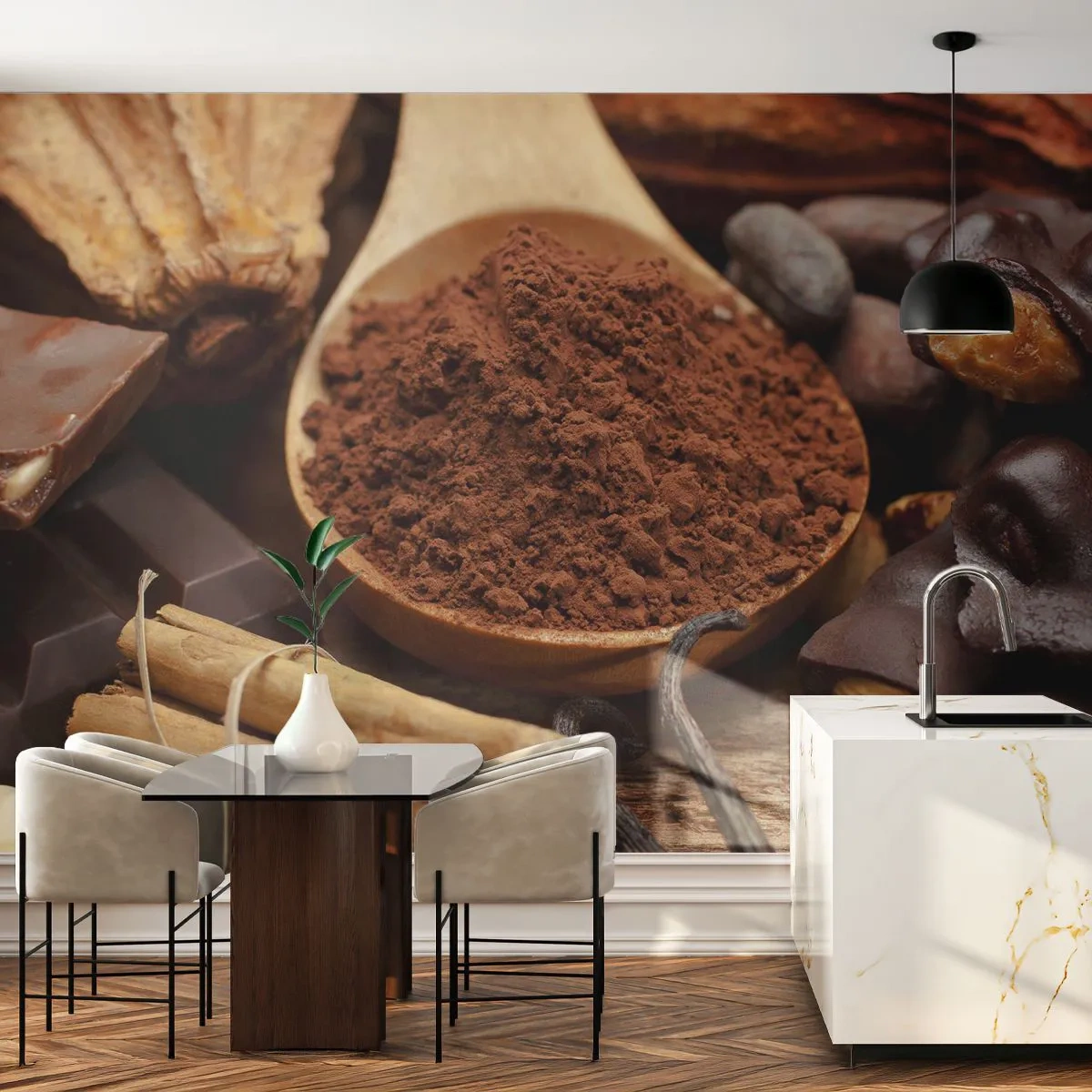 Fototapeta Premium Sand - Kakao, czekolada i przyprawy w rustykalnym stylu - 100x70cm - Najlepsza na smutki - Nowoczesna dekoracja ścienna do salonu, kuchni i sypialni ARTTOR