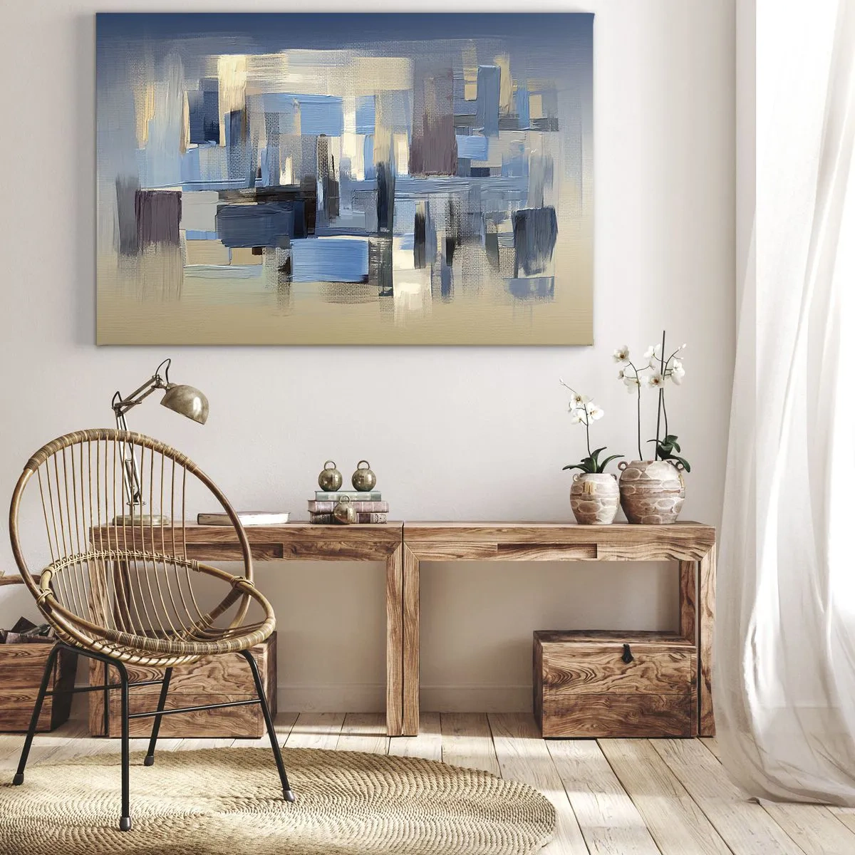 Obraz na płótnie - Geometryczne formy w odcieniach błękitu i beżu - 70x50cm - Błękitna konstrukcja - Nowoczesna dekoracja ścienna do salonu i sypialni ARTTOR