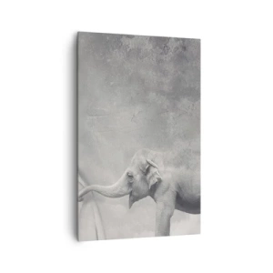 Obraz na płótnie - Słoń odsłaniający zasłonę w surrealistycznym czarno-białym ujęciu - 80x120cm - Odsłonić tajemnicę - Nowoczesna dekoracja ścienna do salonu i sypialni ARTTOR