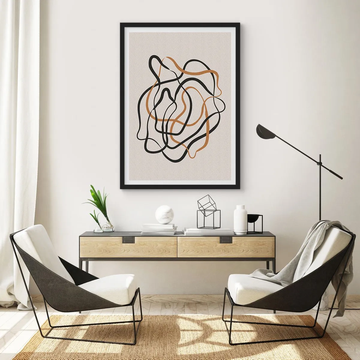Plakat w czarnej ramie - Abstrakcyjne splątane linie w czerni i złocie na beżu - 50x70cm - Wszystko się pokręciło - Nowoczesna dekoracja ścienna do salonu i sypialni ARTTOR