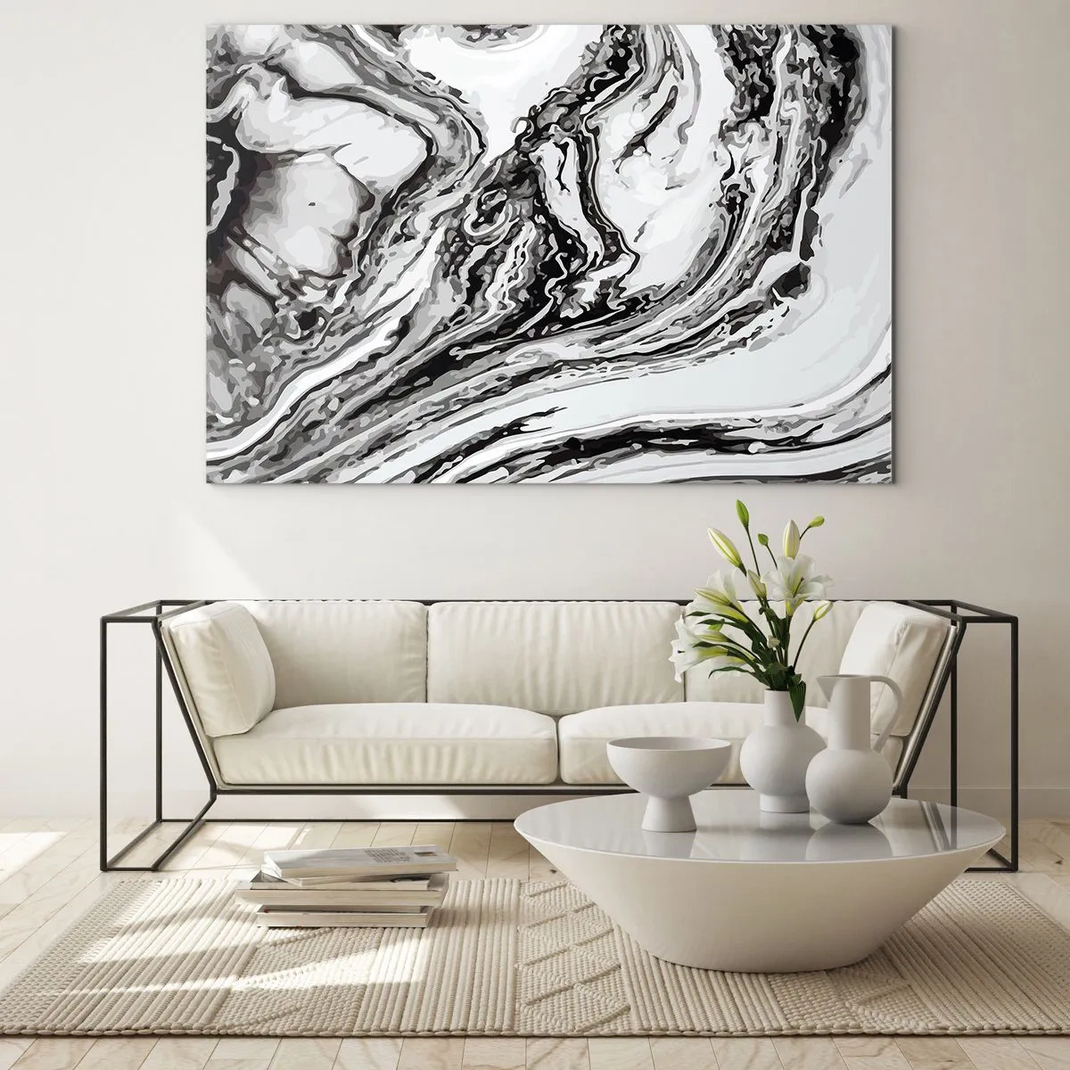 Obraz na szkle - Abstrakcyjny wzór w odcieniach czerni i bieli przypominający fale - 70x50cm - Na poczatku był chaos - Nowoczesna dekoracja ścienna do salonu i sypialni ARTTOR