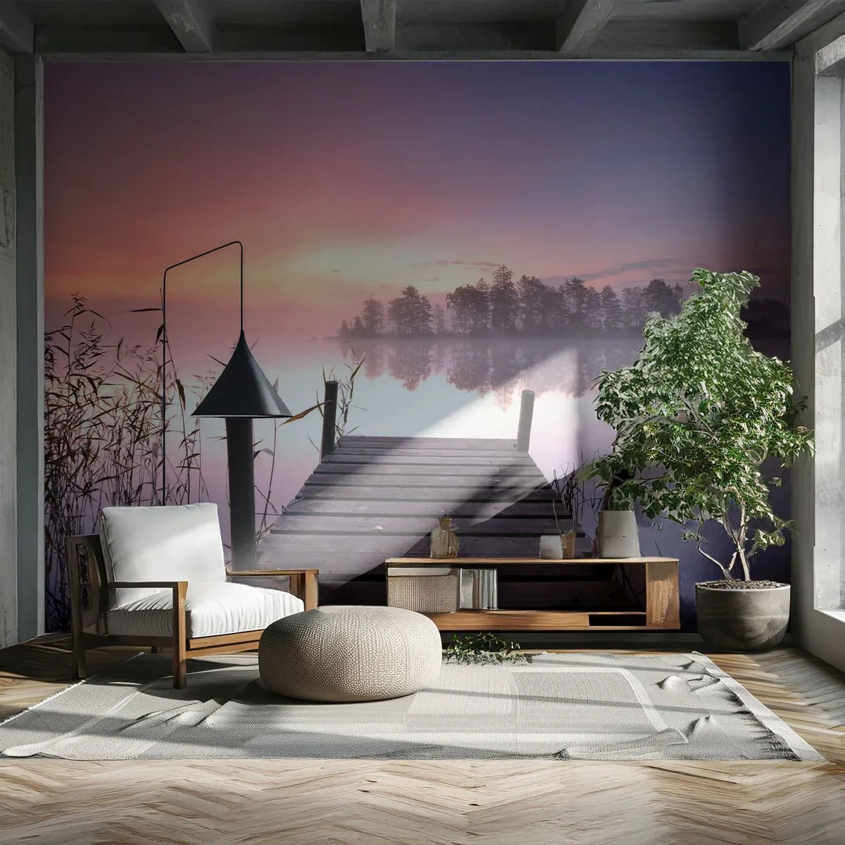 Fototapeta Premium Sand - Drewniany pomost nad jeziorem o wschodzie słońca - 100x70cm - Z liliowej mgły... - Nowoczesna dekoracja ścienna do salonu, kuchni i sypialni ARTTOR