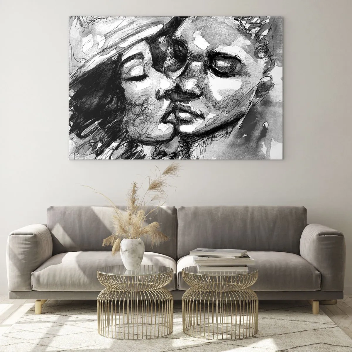 Obraz na szkle - Czarno-biały szkic przedstawiający czuły pocałunek - 70x50cm - Czuła chwila - Nowoczesna dekoracja ścienna do salonu i sypialni ARTTOR