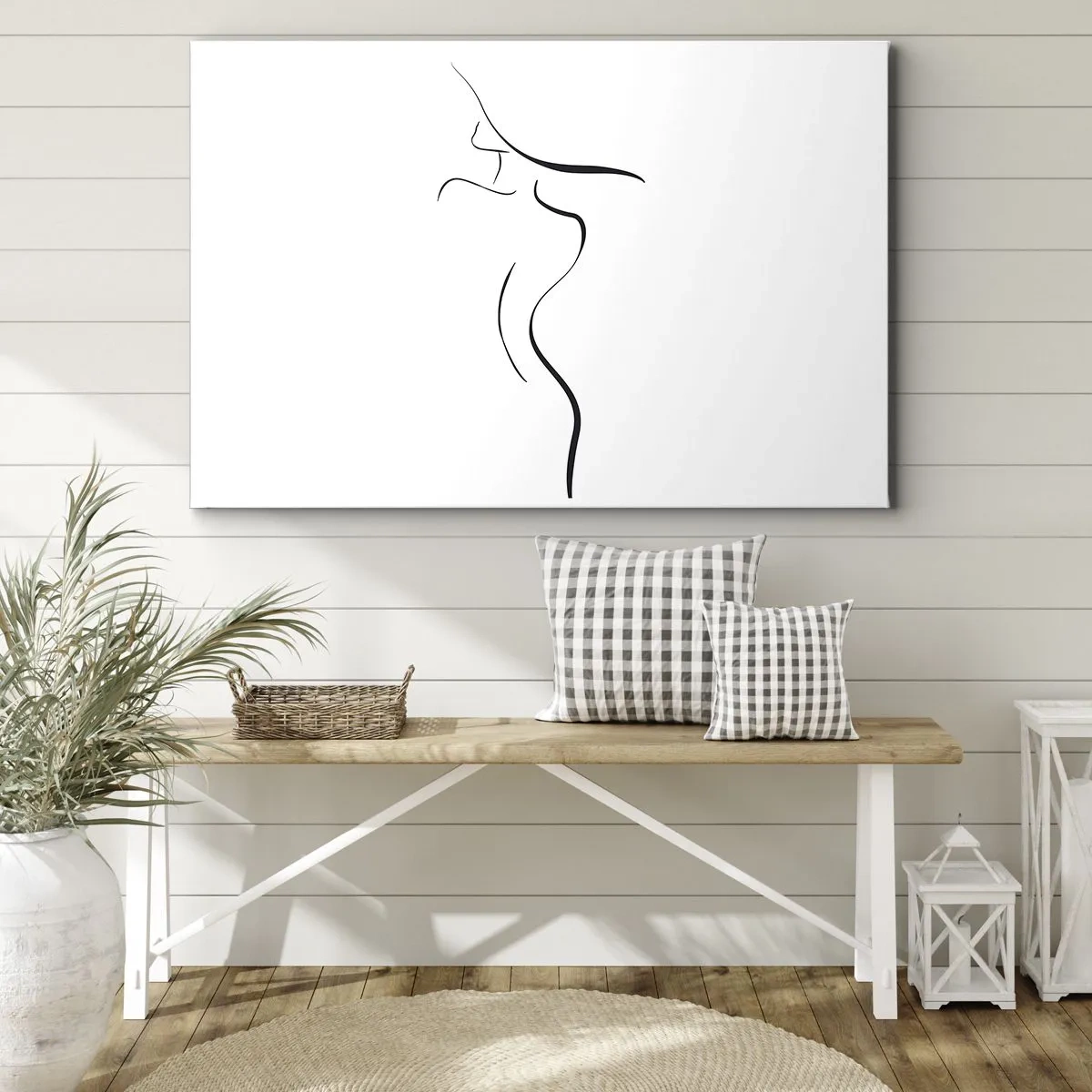 Obraz na płótnie - Minimalistyczny kontur kobiecej sylwetki na białym tle - 70x50cm - Nieuchwytna jak fala - Nowoczesna dekoracja ścienna do salonu i sypialni ARTTOR