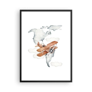 Plakat w czarnej ramie - W pionierskim duchu - Dwupłatowiec nad mapą świata w chmurach - 50x70cm