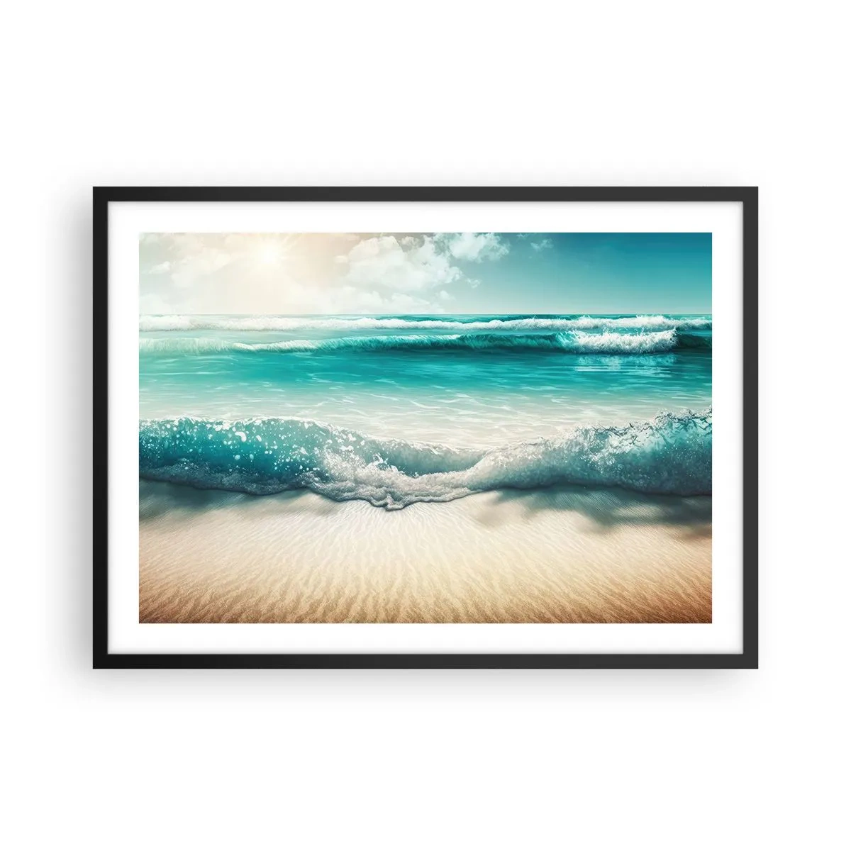 Plakat w czarnej ramie - Fale oceanu na jasnej piaszczystej plaży - 70x50cm - Spokój oceanu - Nowoczesna dekoracja ścienna do salonu i sypialni ARTTOR