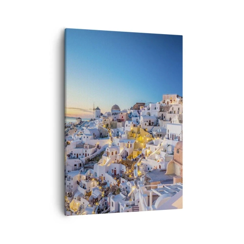 Obraz na płótnie - Malownicze białe domy Santorini o zachodzie słońca - 50x70cm - Esencja greckości - Nowoczesna dekoracja ścienna do salonu, kuchni i sypialni ARTTOR