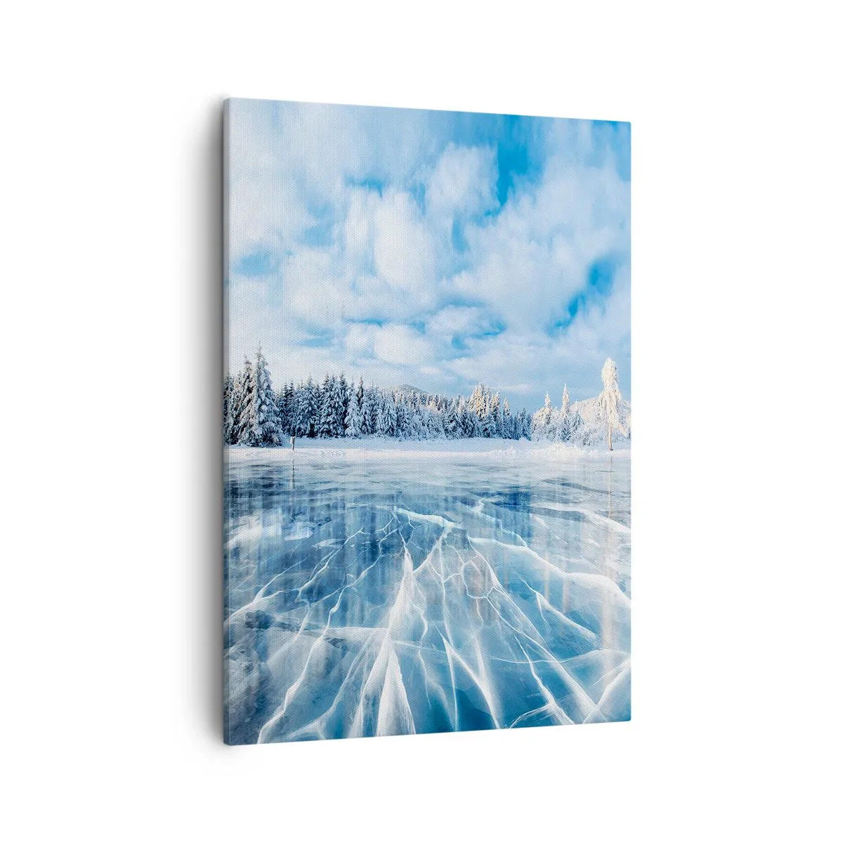 Obraz na płótnie - Zamarznięte jezioro z przezroczystym lodem i zimowym krajobrazem w tle - 50x70cm - Olśniewający i krystaliczny widok - Nowoczesna dekoracja ścienna do salonu, kuchni i sypialni ARTTOR
