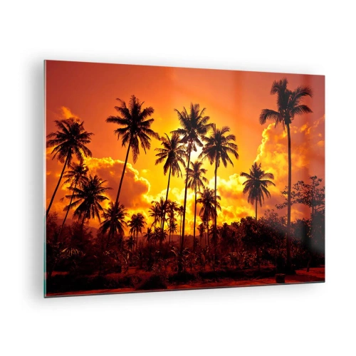 Obraz na szkle - Palmy na tle ognistego zachodu słońca - 70x50cm - Płoną góry, płoną lasy - Nowoczesna dekoracja ścienna do salonu i sypialni ARTTOR