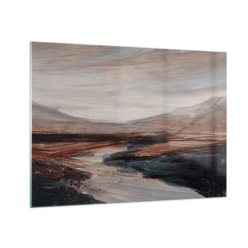 Obraz na szkle - Malownicza dolina z rzeką w odcieniach brązu i błękitu - 70x50cm - Spokojna dolina - Nowoczesna dekoracja ścienna do salonu i sypialni ARTTOR