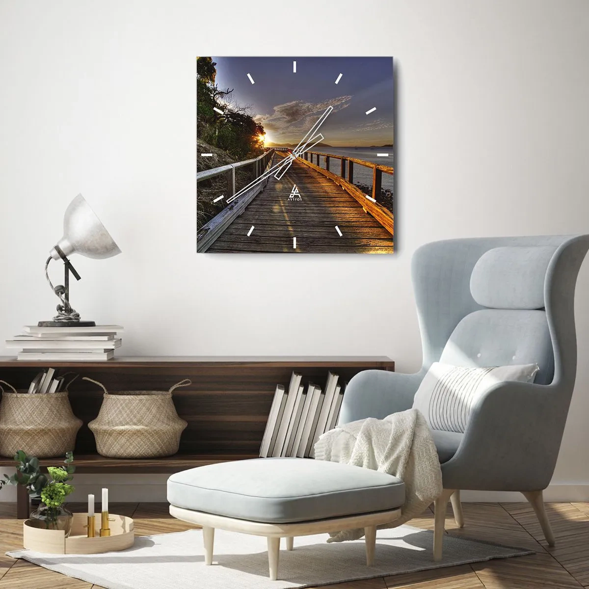 Zegar ścienny - Drewniany pomost prowadzący w stronę zachodu słońca nad wodą - 30x30cm - Iść, ciągle iść w stronę słońca - Nowoczesna dekoracja ścienna do salonu i sypialni ARTTOR