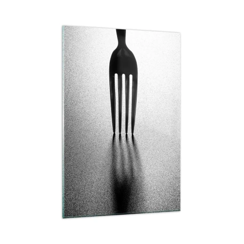 Obraz na szkle - Minimalistyczne ujęcie widelca w czerni i bieli z grą cieni - 80x120cm - Światło i cień - Nowoczesna dekoracja ścienna do salonu i sypialni ARTTOR